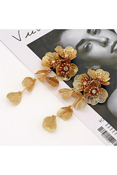 Pelin Aksesuar Gold Gösterişli Çiçek Küpe