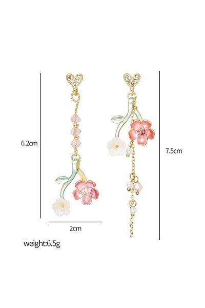Pelin Aksesuar Pink and White Floral Pattern Asymmetric Spring Earrings