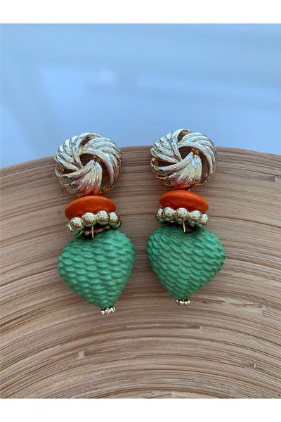 Pelin Aksesuar Green Heart and Orange Design Earrings