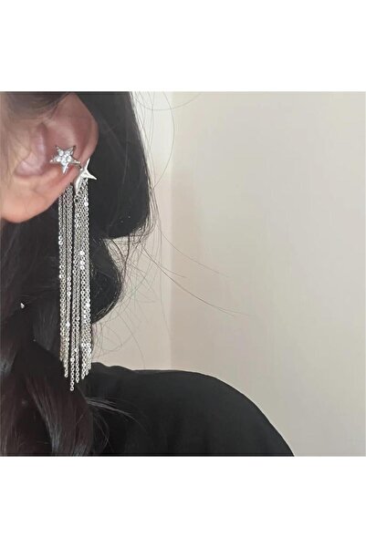 Pelin Aksesuar Silver Taşlı Yıldızlı Zincirli Tasarım Küpe