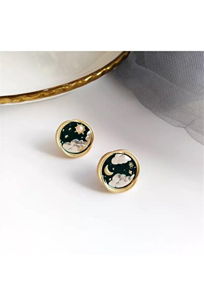 Pelin Aksesuar Güneş Ay Bulut Manzara Desenli Yeşil Küpe