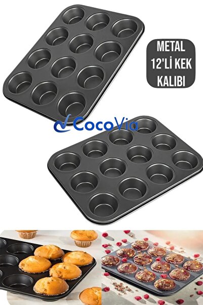 CocoVia Metal 12'li Muffin Kek Kalıbı, Yanmaz Yapışmaz Kek Pasta Kurabiye Kal...