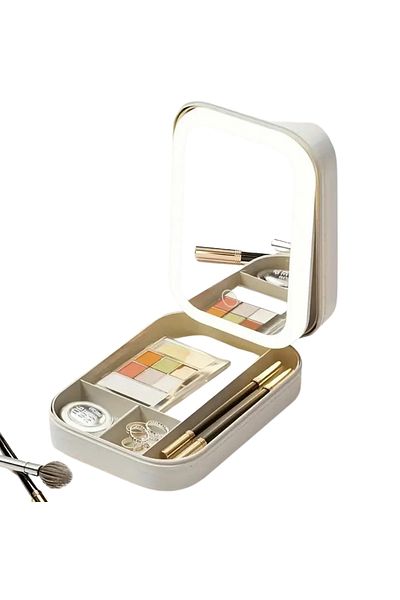 Homebiente Geantă de machiaj Cutie de machiaj de călătorie cu iluminare LED cu oglindă albă