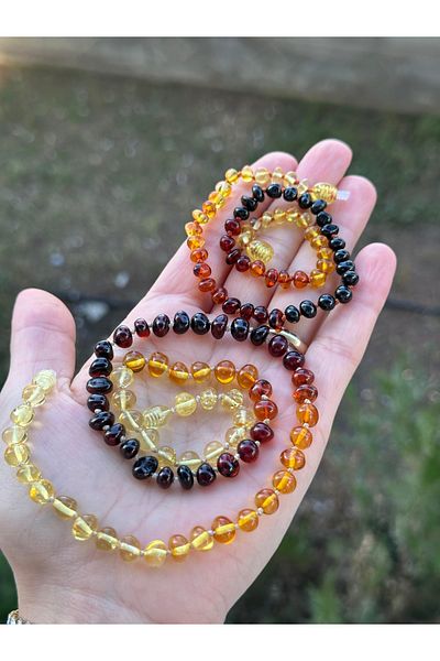 KEHRİBAREVİ KARAMAN Original Certified Baltic Drop Amber Necklace Set for Mother Baby