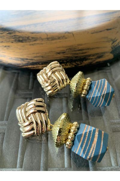 Pelin Aksesuar Striped Indigo Blue Wooden Beaded Design Earrings