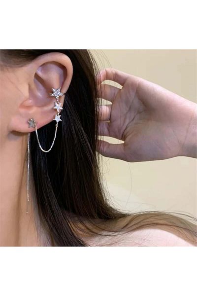 Pelin Aksesuar Star Patterned Silver Ear Accessory - Snap-on Design