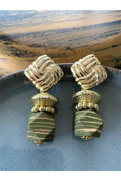 Pelin Aksesuar Striped Khaki Wooden Beaded Design Earrings