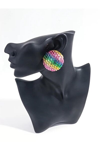 Pelin Aksesuar Renkli Baget Taşlı Bombeli Daire Küpe