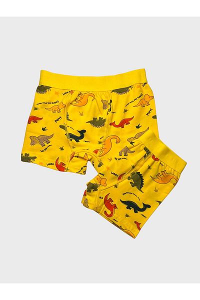 elmas kids Боксерки за момче, 100% памучни, широки, еластични, с шарка на динозаври, жълти, 2 броя