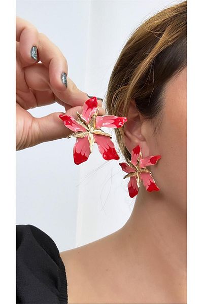 Pelin Aksesuar Pink Red Layered Flower Earrings