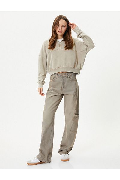 Koton Crop Half Zipper Sweatshirt Stand Collar Faded Effect Cotton Blend