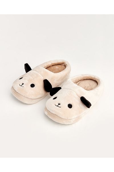 Chirpy Foam - Cream Women's House Slippers with Dog Figure