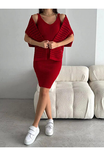 Lady MORE Triko Delikli Kazak Elbise Takım