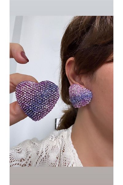 Pelin Aksesuar Big Lilac Pink Crystal Stone Encrusted Heart Earrings
