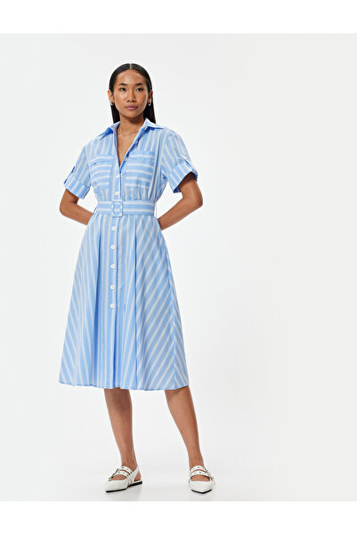 Koton Rochie cămașă evazată de lungime midi, cu mânecă scurtă, cu buzunare