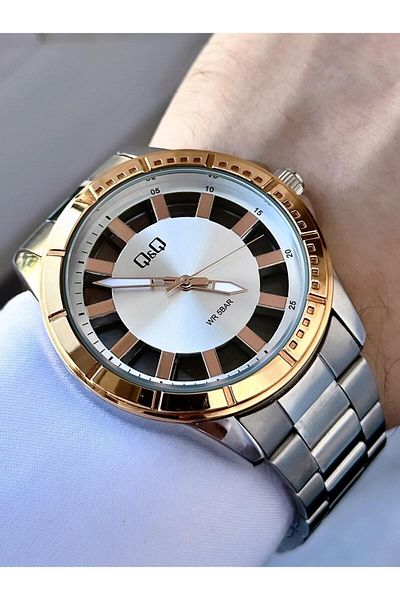 Q&Q Men's Rose Yellow Glass Cover Transparent Dial New Modern Model Analog Clock