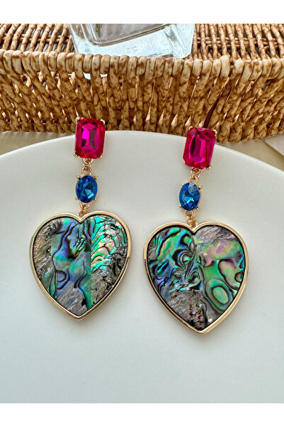 Pelin Aksesuar Yeşil Alacalı Kalp ve Fuşya Taşlı Küpe