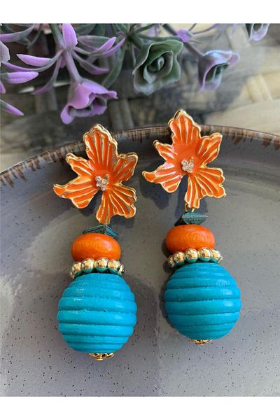 Pelin Aksesuar Turquoise Orange Ball Beaded Floral Design Earrings