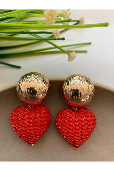 Pelin Aksesuar Kırmızı Hasır Örgü Kalp Küpe