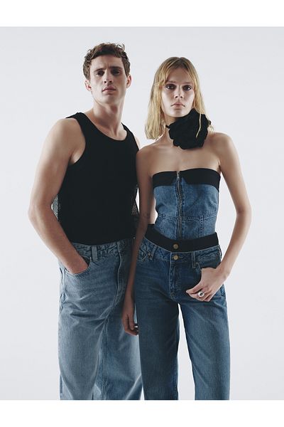 Koton Crop Jeans Trägerloses Top Korsett Optik Farbkontrast Reißverschluss