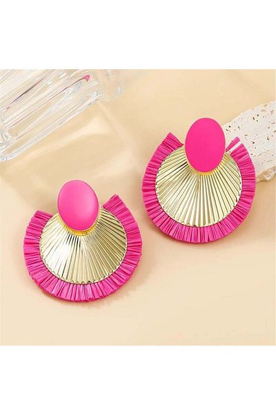 Pelin Aksesuar Fuchsia Raffia Earrings - Fringe with Tassel Detail