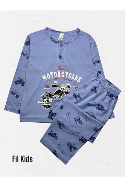 Fil Kids Set de pijamale sezoniere cu mânecă lungă, 100% bumbac, albastru deschis pentru motociclete