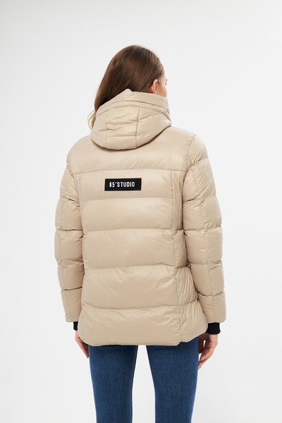 DYNAMO Γυναικείο παλτό μπεζ με κουκούλα με φερμουάρ και κουμπωτό κλείσιμο