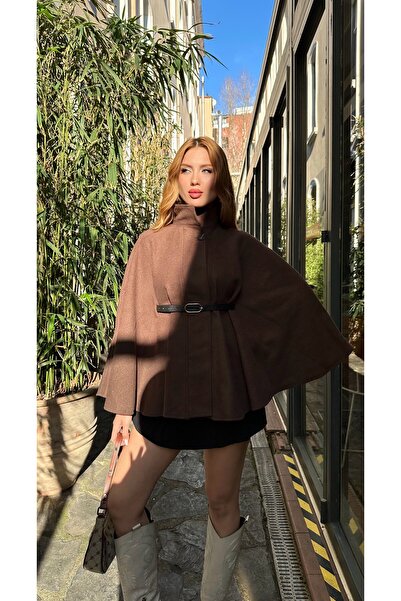 HARMONY GLOBAL Women's Brown Judge Collar Belted Stamp Poncho 15732