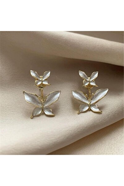 Pelin Aksesuar Beyaz Çiftli Kelebek Hayalet Küpe