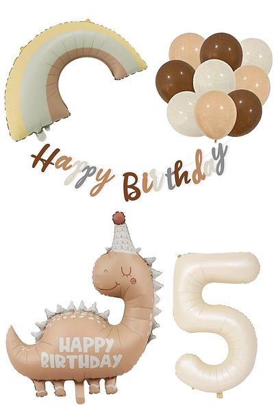 Patladı Gitti Retro 5 Year Old Dinosaur Concept Birthday Set