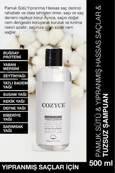 Cozyce Cotton Milk & Damaged Sensitive Hair & Salt Free Shampoo 500 ml