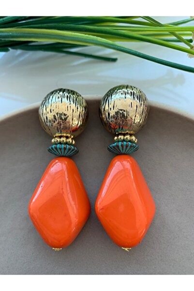 Pelin Aksesuar Turuncu Büyük Boncuklu Tasarım Küpe