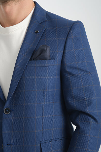 Frappoli Armando Erkek Lacivert-Bej Ekoseli Slim Fit Dar Kesim Mono Yaka Spor Blazer Ceket