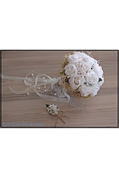 Botanikelbuketleri Beyaz kadife güllü inci ve cipsolu gelin çiçeği