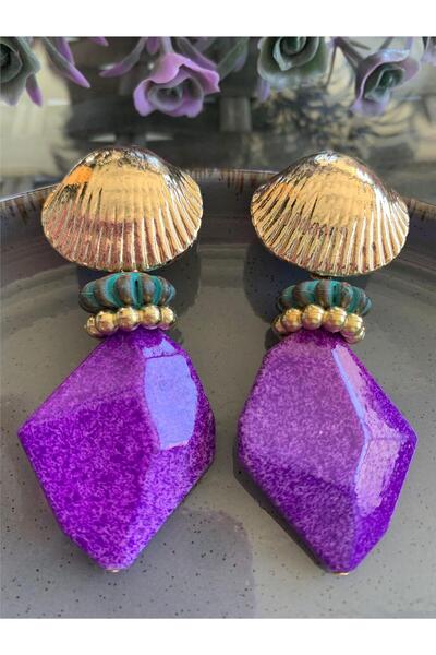 Pelin Aksesuar Mor Boncuklu Deniz Kabuklu Tasarım Küpe
