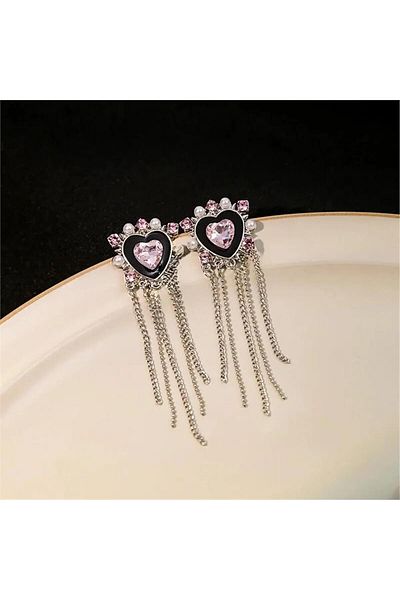 Pelin Aksesuar Pink Crystal Chain Dangle Heart Earrings