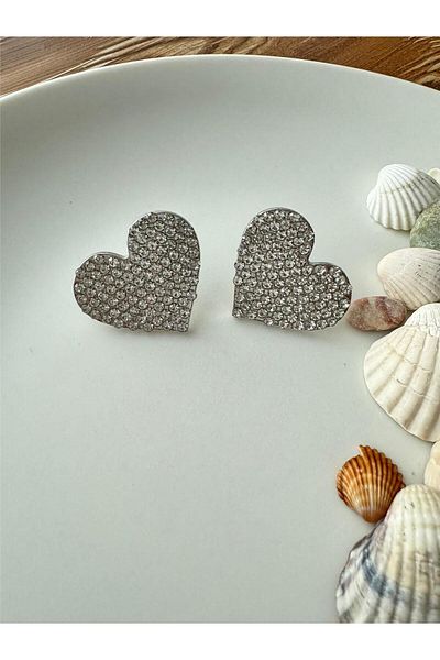 Pelin Aksesuar Silver Crystal Heart Earrings