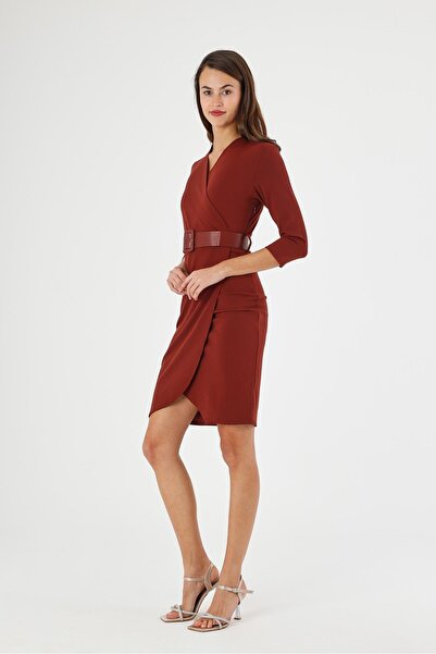 Genel Markalar Apsen Kadın Krep Bordo Kruvaze Kemerli Midi Anvelop Elbise 3753-100