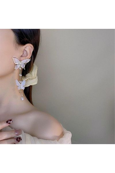 Pelin Aksesuar Cream Organza Fabric Butterfly And Pearl Design Earrings