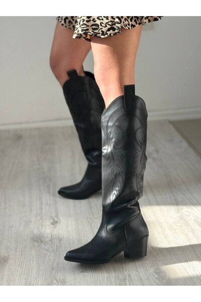 SHOEBOURNE Siyah Deri Uzun Nakışlı Kovboy Tarzı Çizme