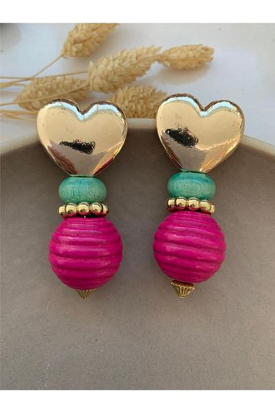 Pelin Aksesuar Fuchsia Mint Green Beaded Gold Heart Design Earrings