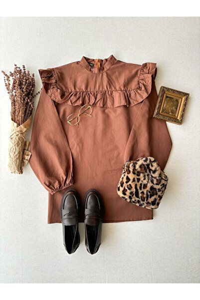 KÜÇÜĞÜM BUTİK Καφέ Ποπλίνα Τούνικ - Βολάν από τον ώμο