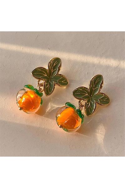 Pelin Aksesuar Green Leaf - Orange Ball Bead Earrings