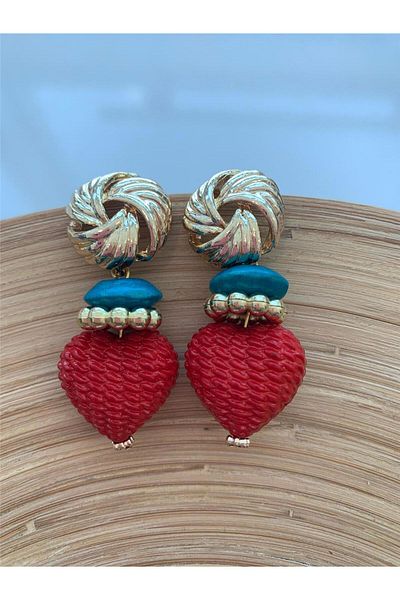 Pelin Aksesuar Red Heart and Turquoise Design Earrings