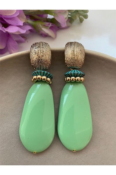 Pelin Aksesuar Mint Green Long Beaded Design Earrings