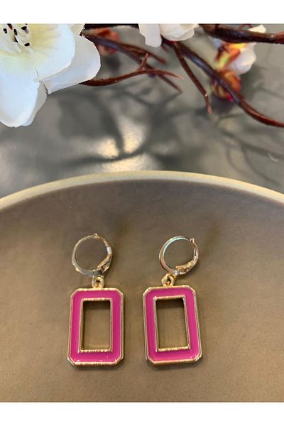 Pelin Aksesuar Fuchsia Rectangular Dangle Hoop Earrings