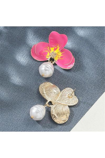 Pelin Aksesuar Fuchsia Pink Yellow Pearl Orchid Earrings