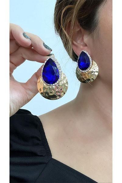 Pelin Aksesuar Navy Blue Drop Stone Gold Plate Evening Dress Earrings