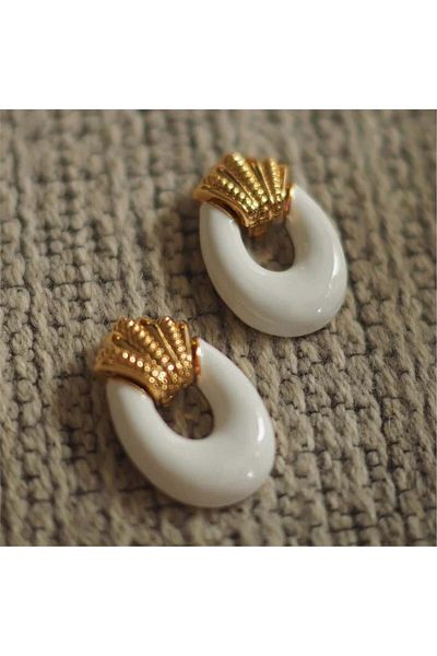 Pelin Aksesuar Gold Mussel - Large Oval White Enamel Earrings