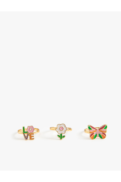 Koton Butterfly and Flower Ring Set 3Pcs Multi-Colored Steel Mixed